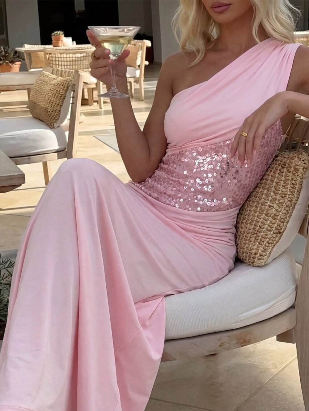 Pink Elegant Women's Cocktail Asymmetric Sequin Splice Extra Long Dress